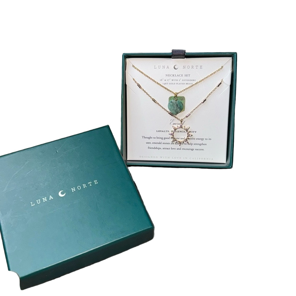 Luna Norte Emerald Pendant Necklace 14KT Gold Plated Brass NWT Boxed